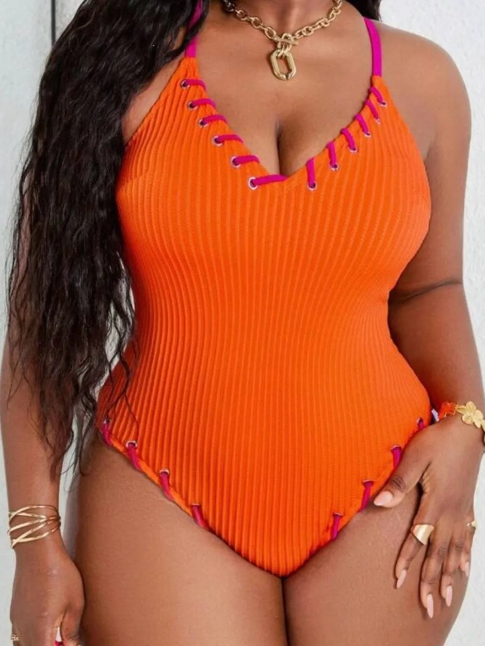 Orange Ribbed Lace-Up Plus Size One Piece Swimsuit Pink Trim Cutout Size 4X